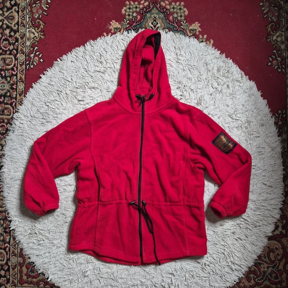 Womens Vintage Woolrich Fleece Jacket Red With Hood Winter Fall Gorpcore Outdoor